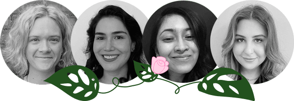 Four women's faces, intertwined by a plant and a rose in the middle